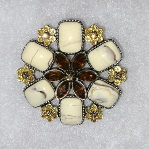 Vintage Rhinestone Brooch Amber Glass Stone Center, Ivory Porcelain Petals 1980s